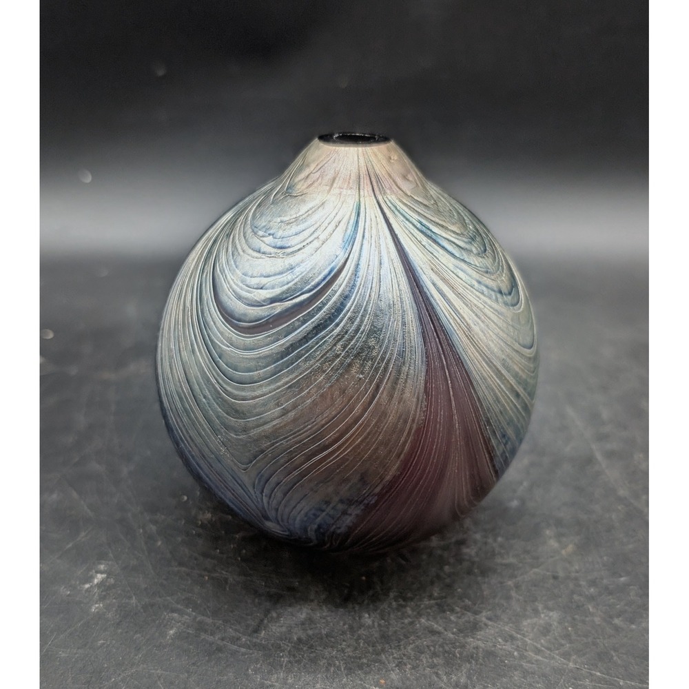 Iridescent Art Glass Oil Lamp Pulled Feather Blue Purple Metallic Orb Vessel